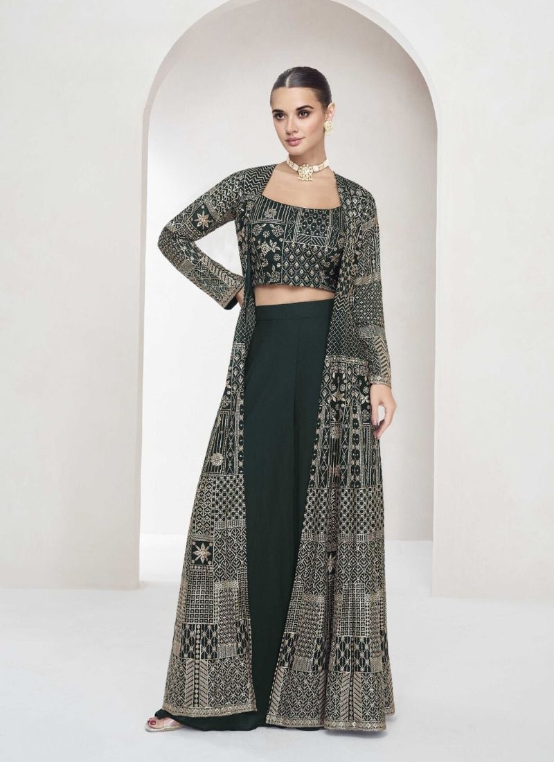 Designer real georgette mirror embroidered crop top set in dark green