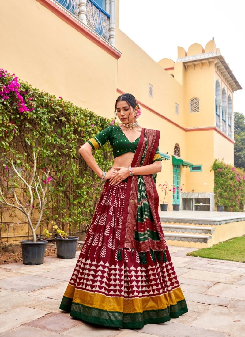 Designer printed tussar silk lehenga choli in red