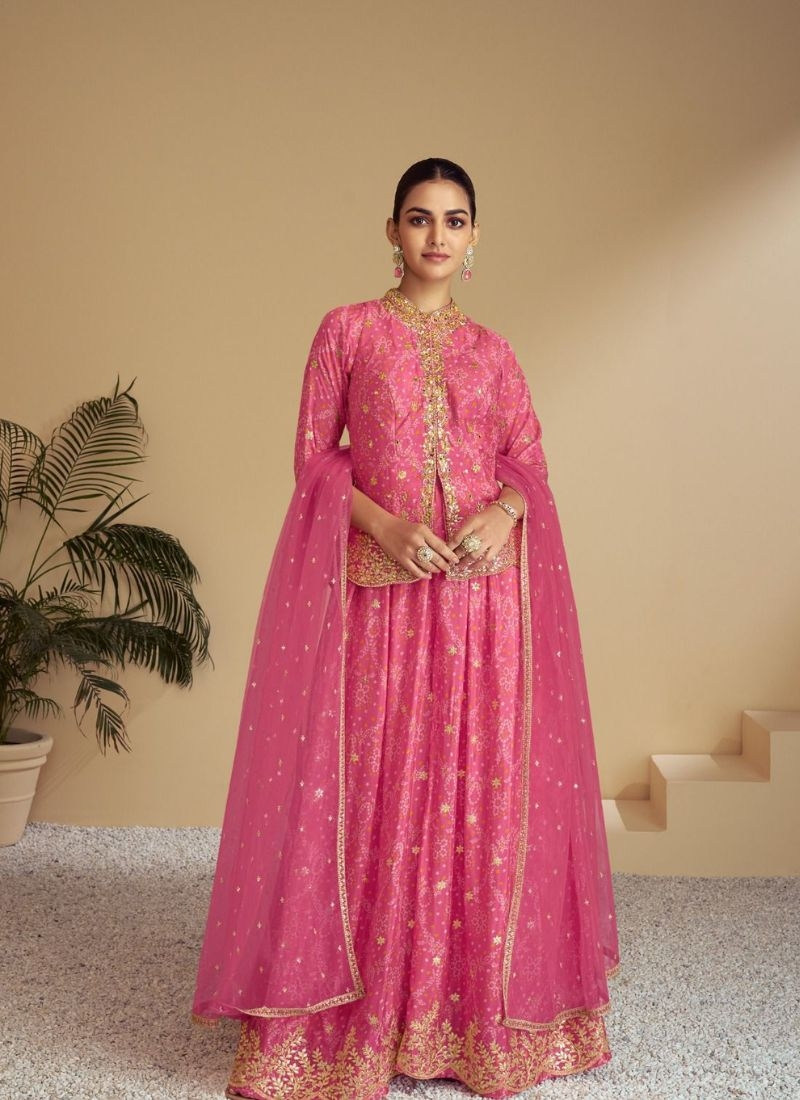 Stunning digital printed chinon sharara suit in pink