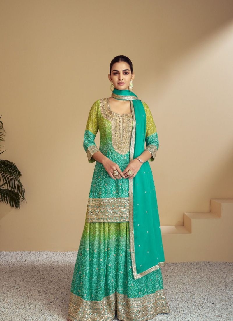 Stunning digital printed chinon sharara suit in green