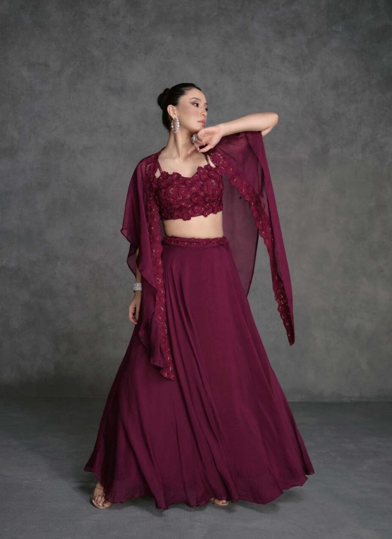 Designer mirror embroidered organza silk crop top set in wine