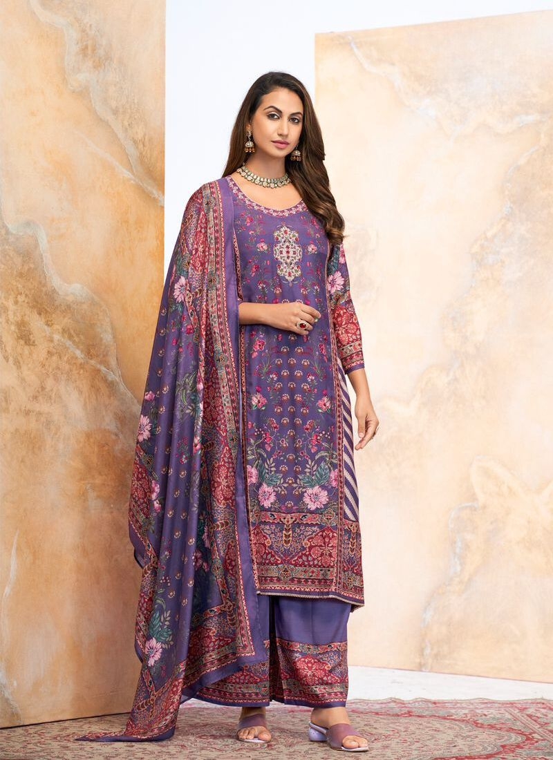 Stylish digital printed pure muslin kurta pant suit in purple