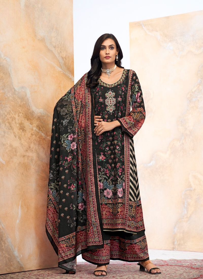 Stylish digital printed pure muslin kurta pant suit in black