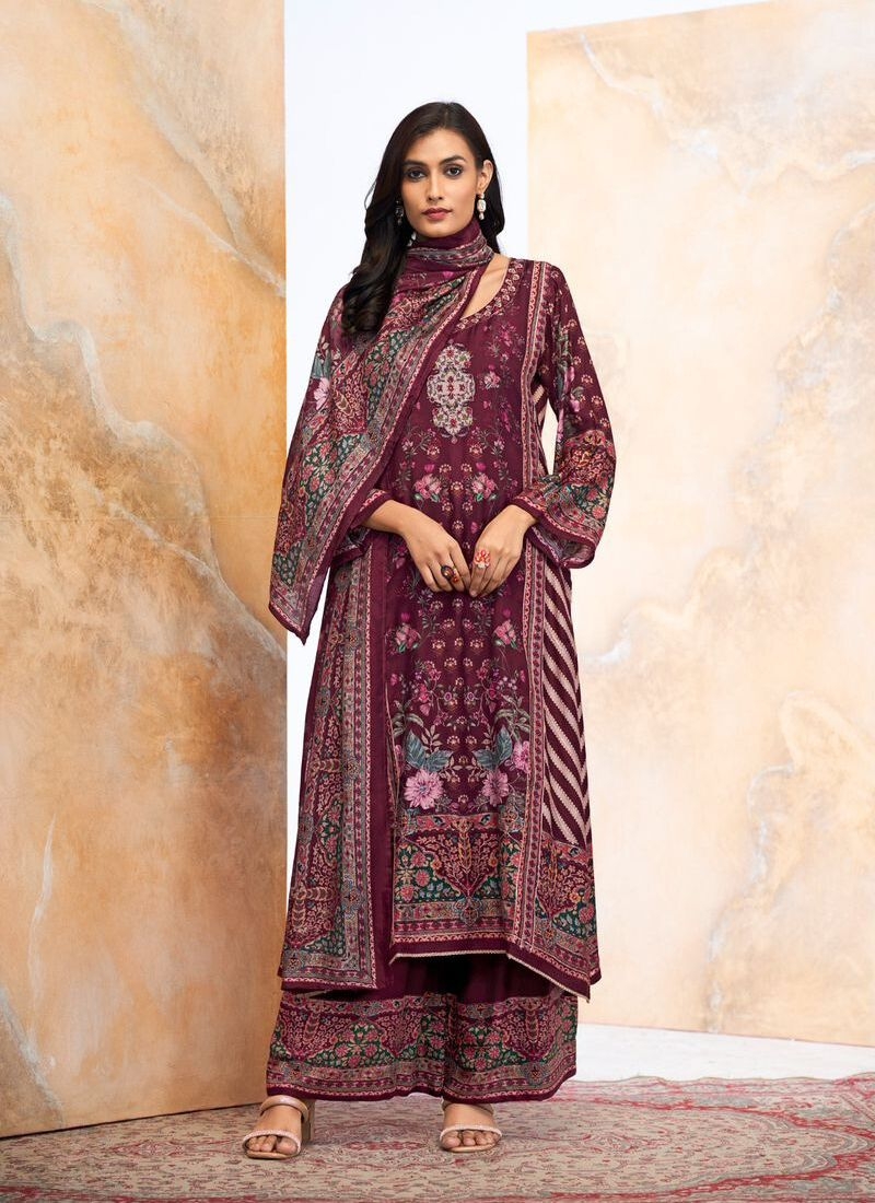 Stylish digital printed pure muslin kurta pant suit in maroon