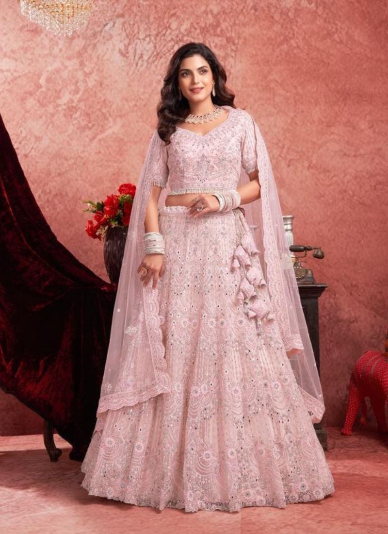 Heavy embroidered georgette lehenga choli in baby pink