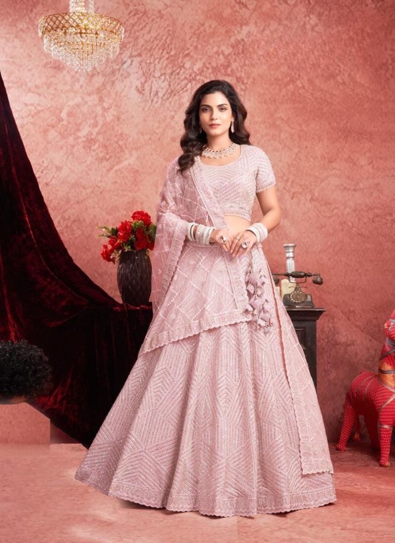 Heavy mirror embroidered georgette lehenga choli in baby pink