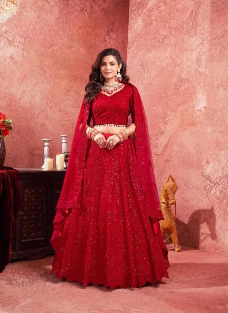 Heavy embroidered georgette lehenga choli in red