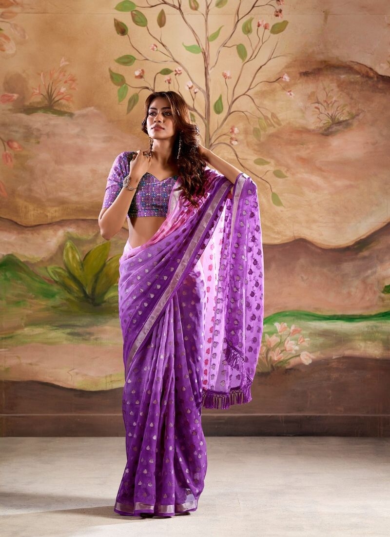 Digitally printed zari weaving georgette silk saree in purple