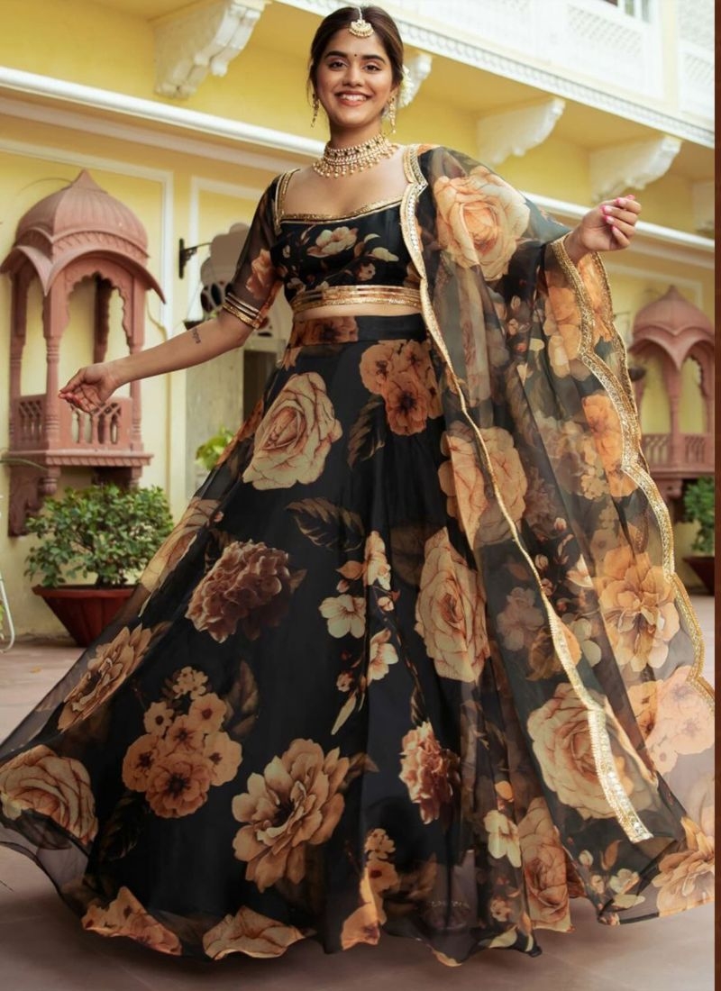 Beautifully embroidered organza silk lehenga choli in black