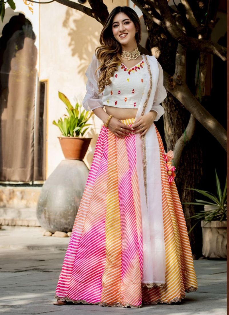 Beautifully embroidered organza silk lehenga choli in baby pink