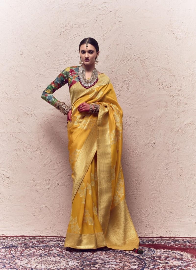 Designer hand weaving soft dola silk saree in mustard