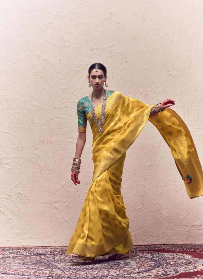 Designer hand weaving soft dola silk saree in yellow