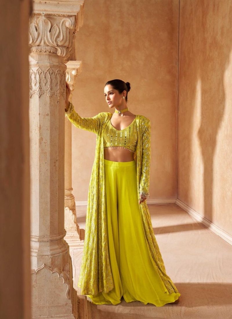 Exquisite heavy embroidered georgette crop top with long shrug in yellow