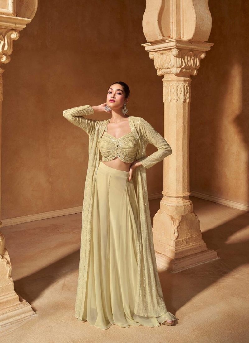 Exquisite heavy embroidered georgette crop top with long shrug in beige