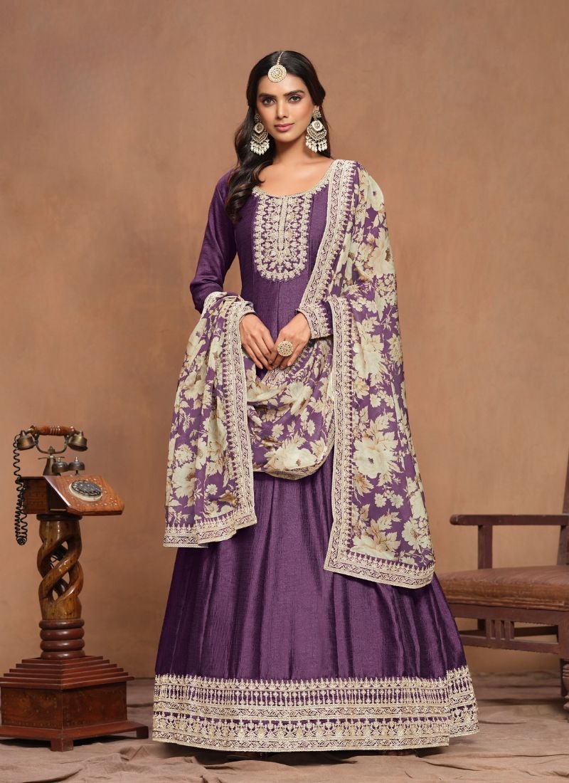 Beautiful organza printed silk Anarkali suit in purple