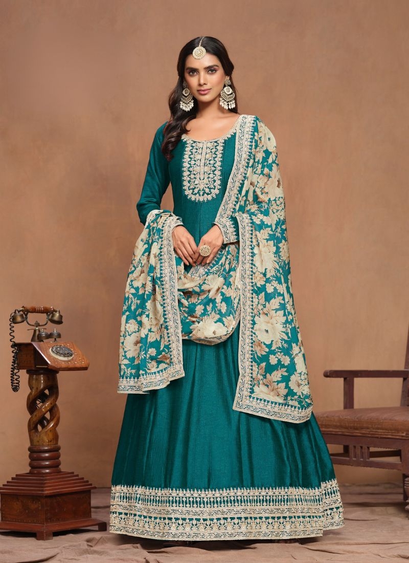 Beautiful organza printed silk Anarkali suit in green