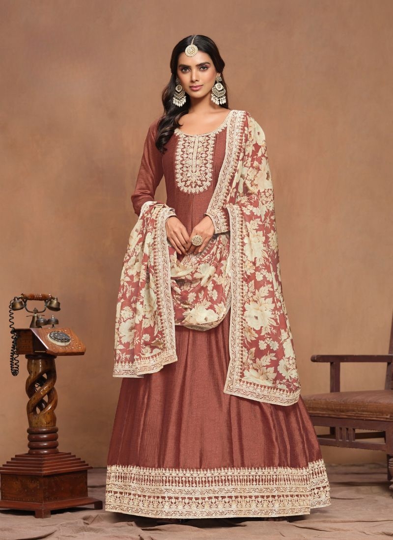 Beautiful organza printed silk Anarkali suit in brown