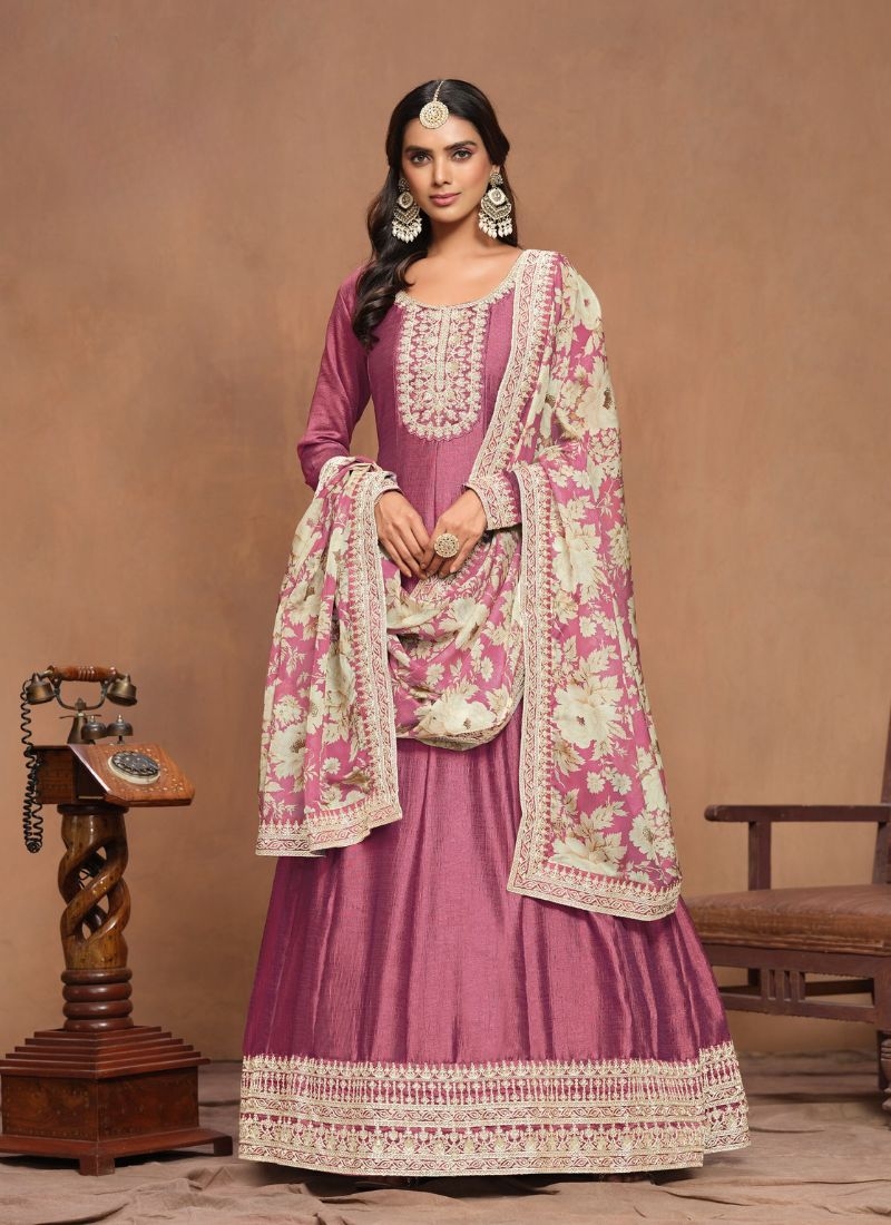 Beautiful organza printed silk Anarkali suit in pink