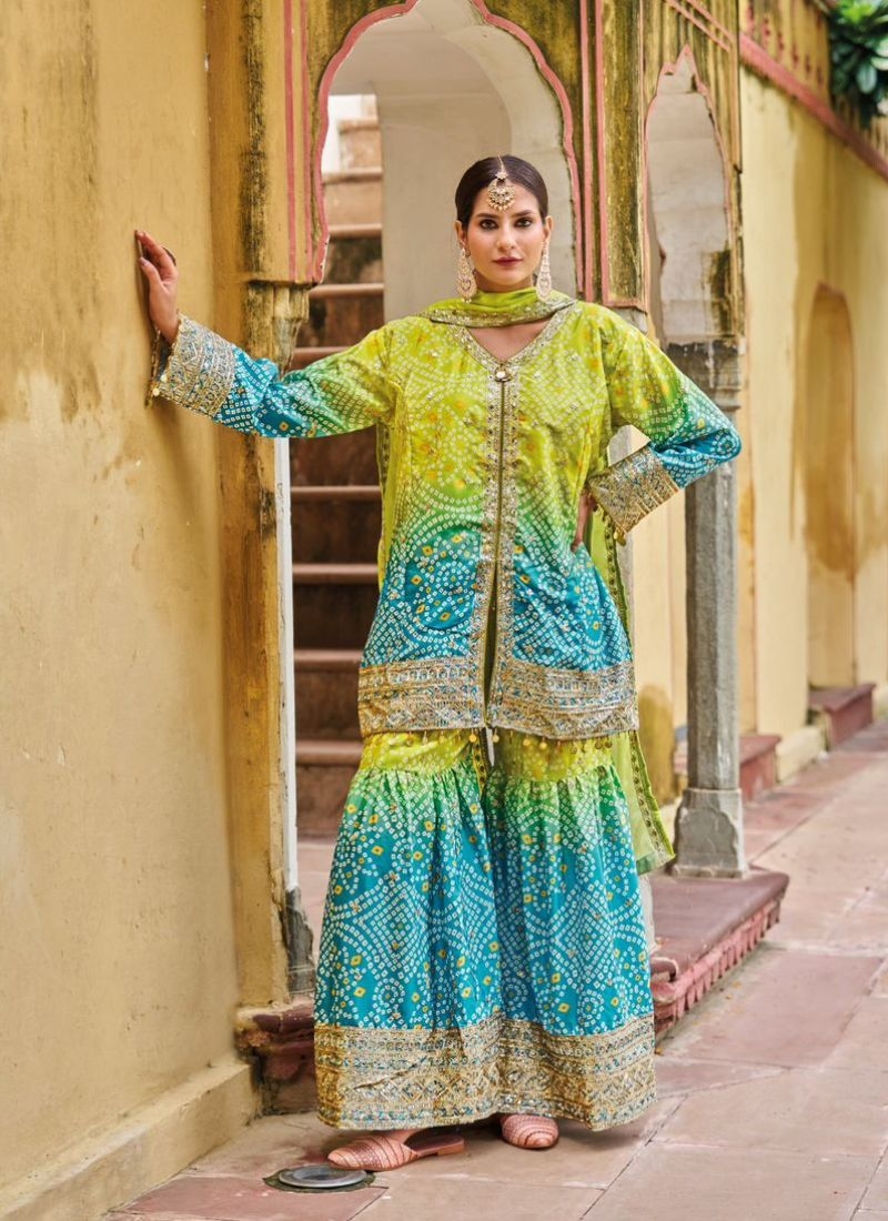 Beautifully printed chinon sharara suit in green