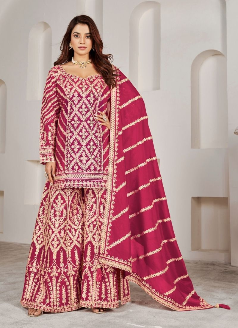 Exquisite heavy embroidered Chinon sharara suit in pink