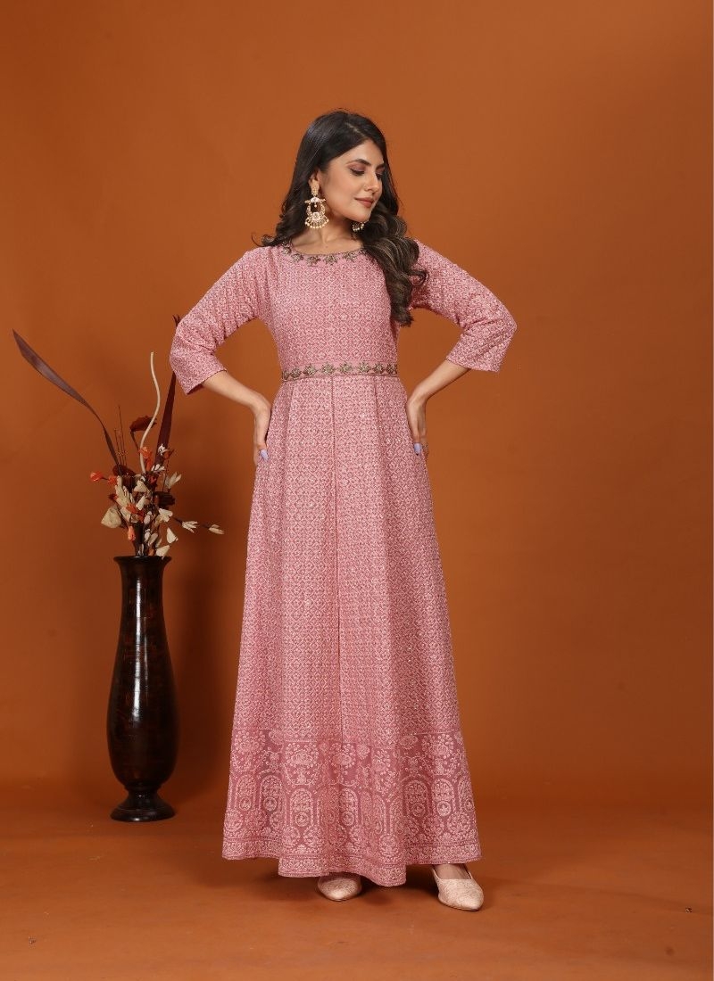 Designer heavy embroidered faux georgette anarkali suit in pink