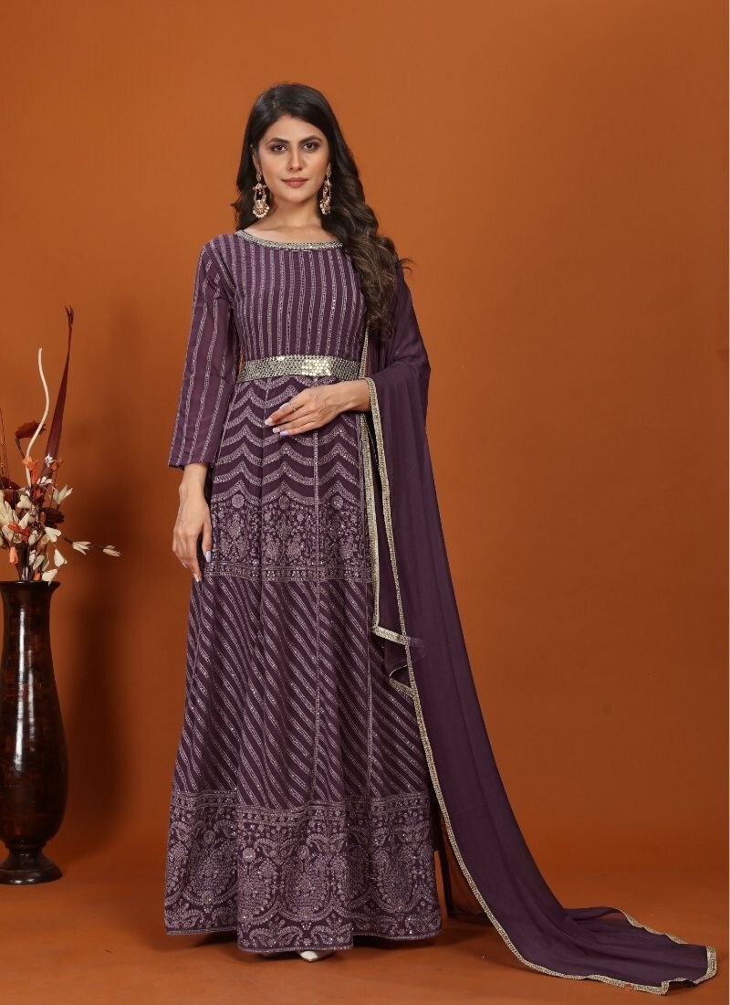 Designer heavy embroidered faux georgette anarkali suit in purple