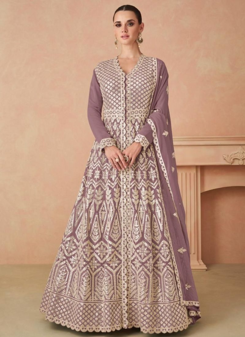 Designer thread embroidered georgette anarkali suit in purple