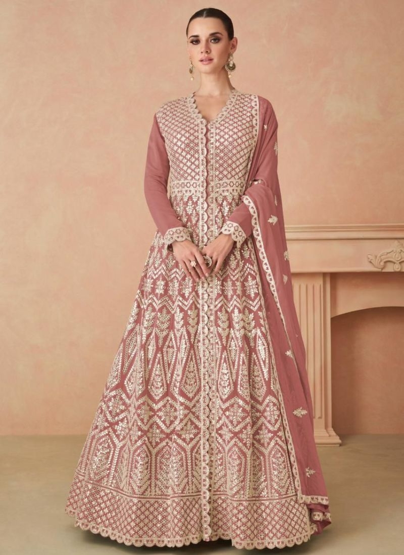 Designer thread embroidered georgette anarkali suit in nude pink