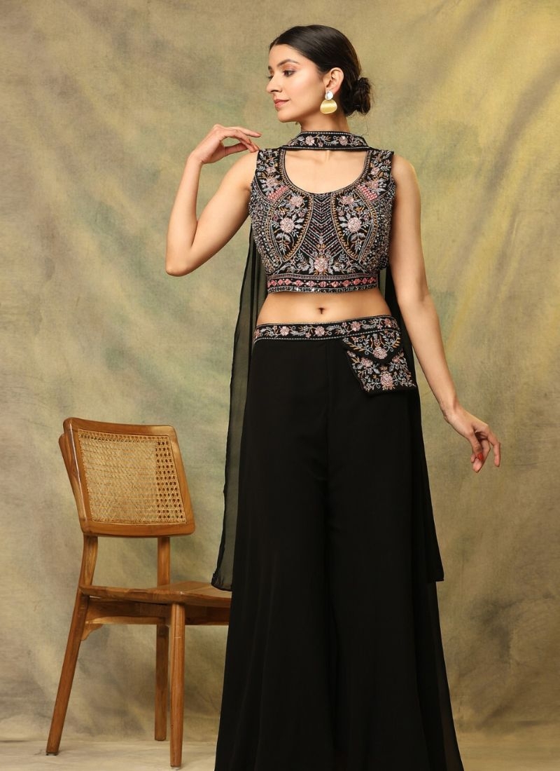 Beautiful heavy embroidered georgette crop top set in black