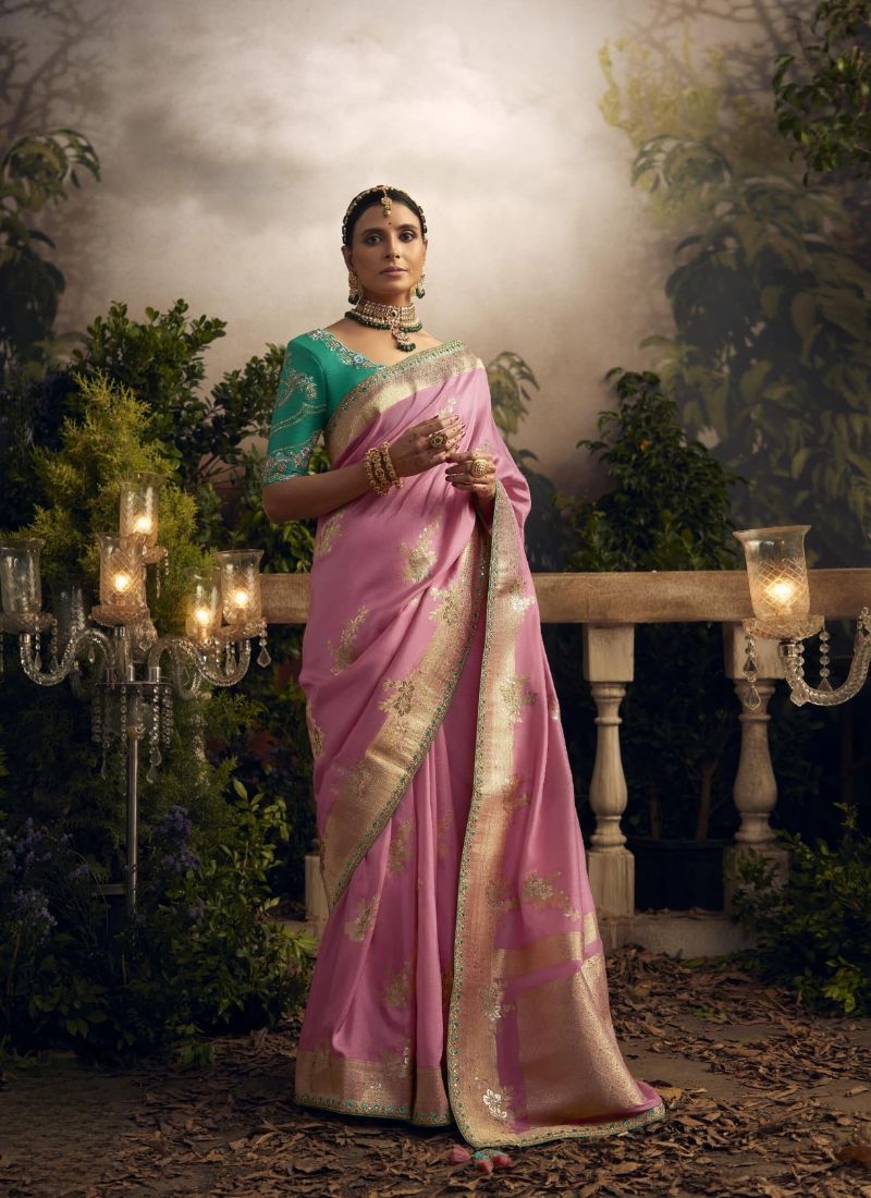 Exquisite sequin worked dola silk saree in pink