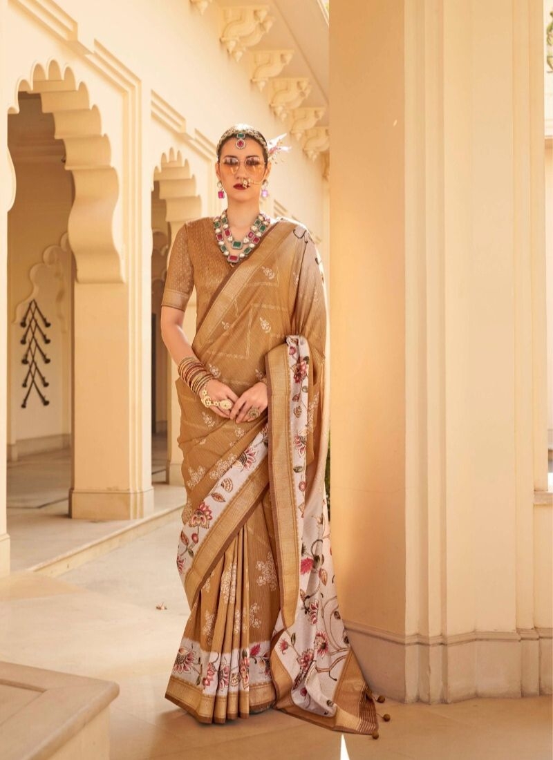 Elegant floral printed silk saree in mustard