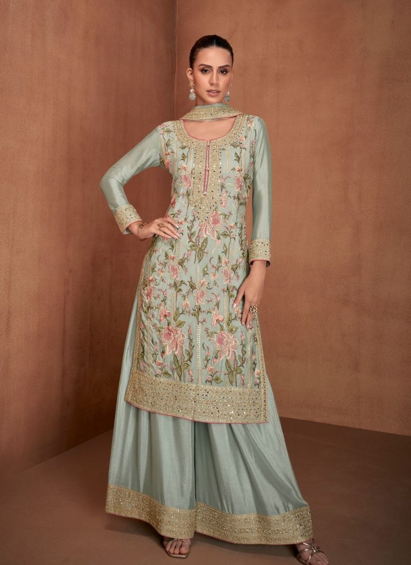 Beautiful floral embroidered pure Chinon palazzo suit in green