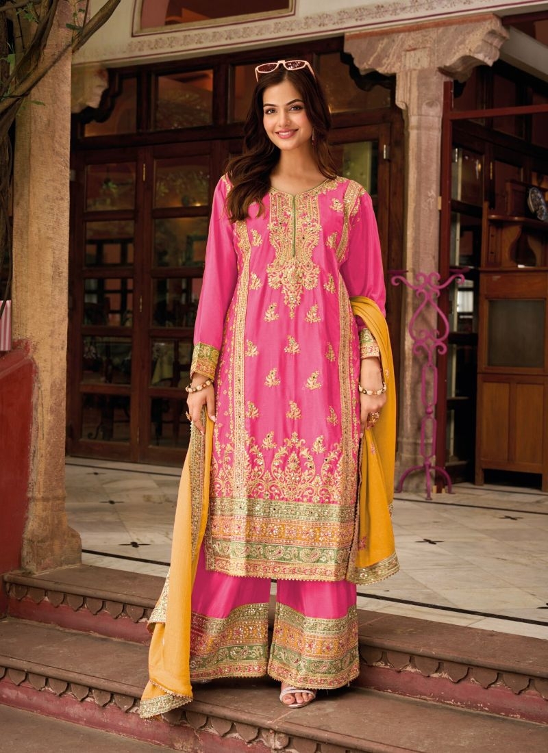 Stylish embroidered pure Chinon palazzo suit in pink