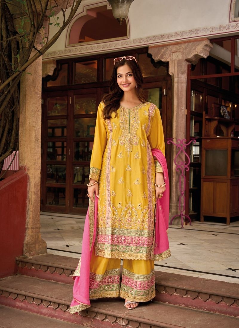 Stylish embroidered pure Chinon palazzo suit in yellow