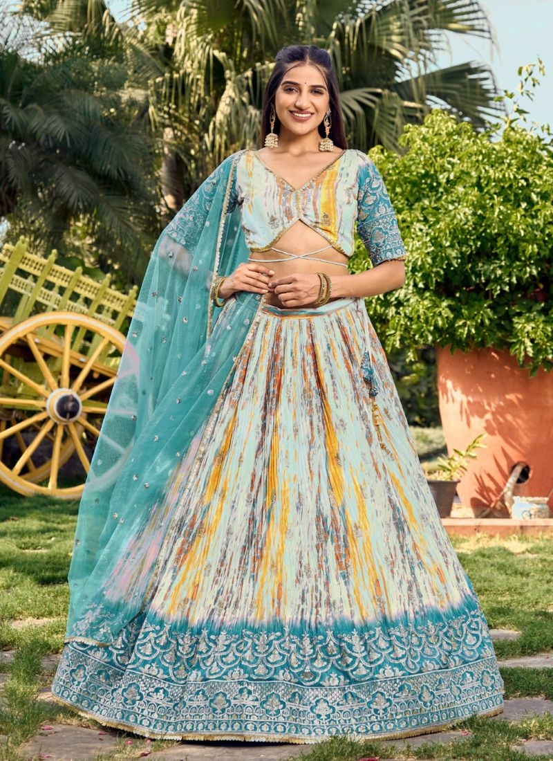 Beautifully digital printed and embroidered Chinon lehenga choli in blue