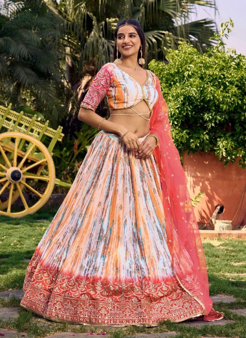 Beautifully digital printed and embroidered Chinon lehenga choli in pink