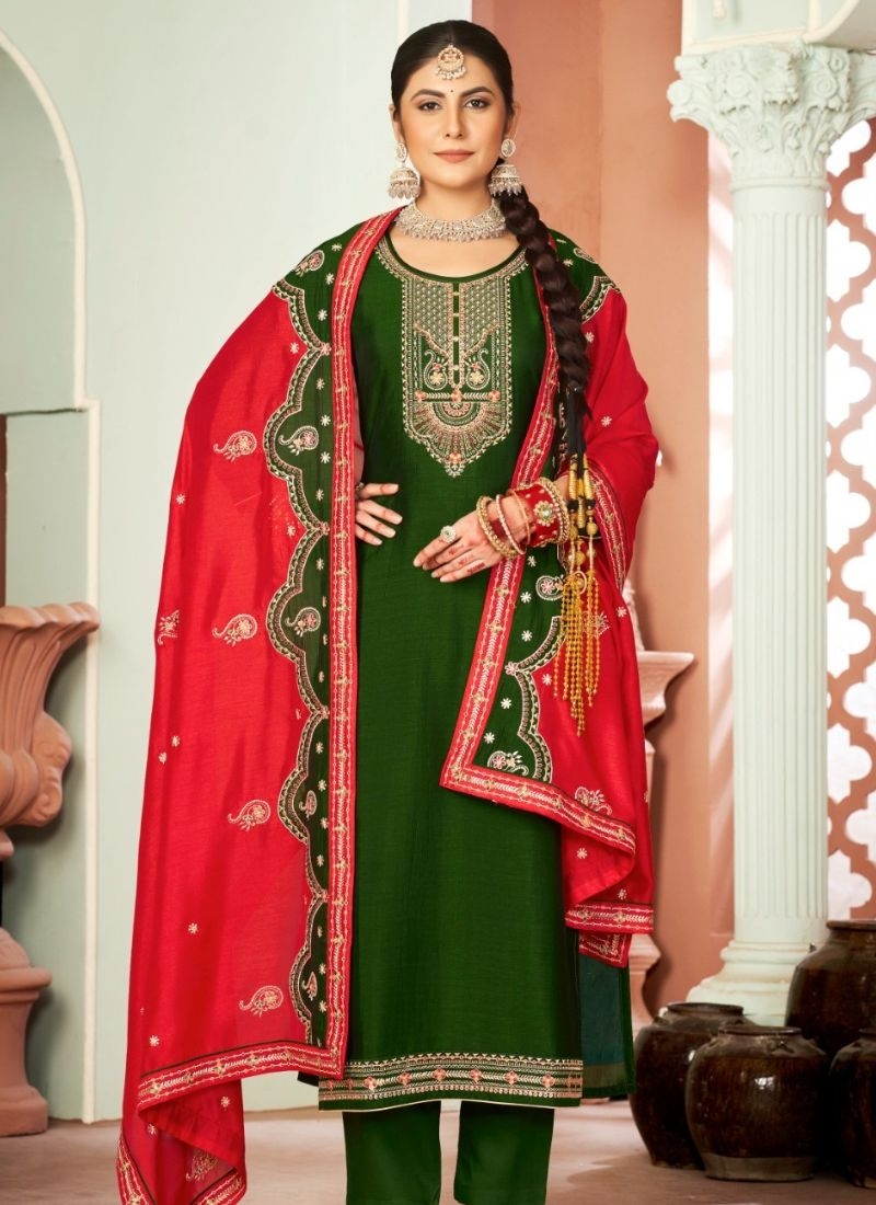 Beautifully embroidered premium Chinon kurta pant suit in dark green