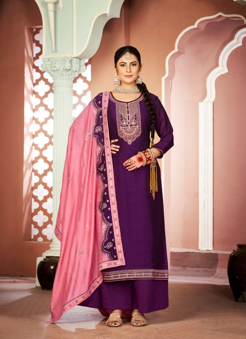 Beautifully embroidered premium Chinon kurta pant suit in dark purple