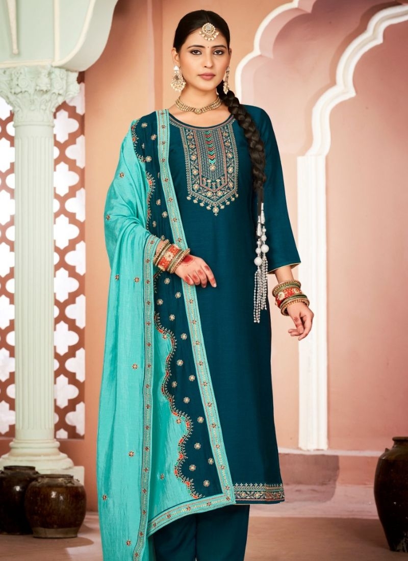 Beautifully embroidered premium Chinon kurta pant suit in dark blue