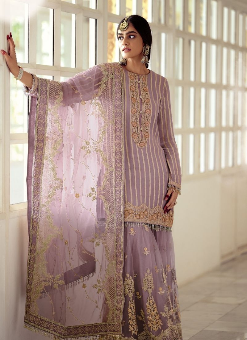 Designer patch embroidered georgette sharara suit in purple