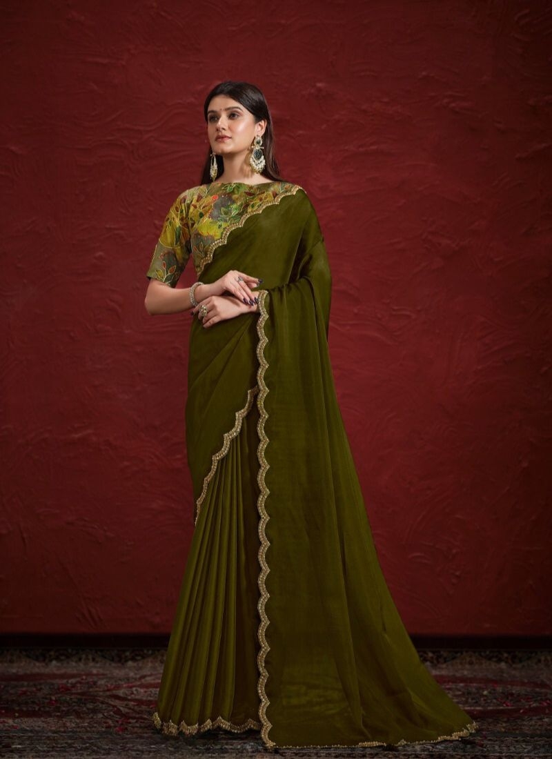 Stunning embroidered silk saree in mehandi