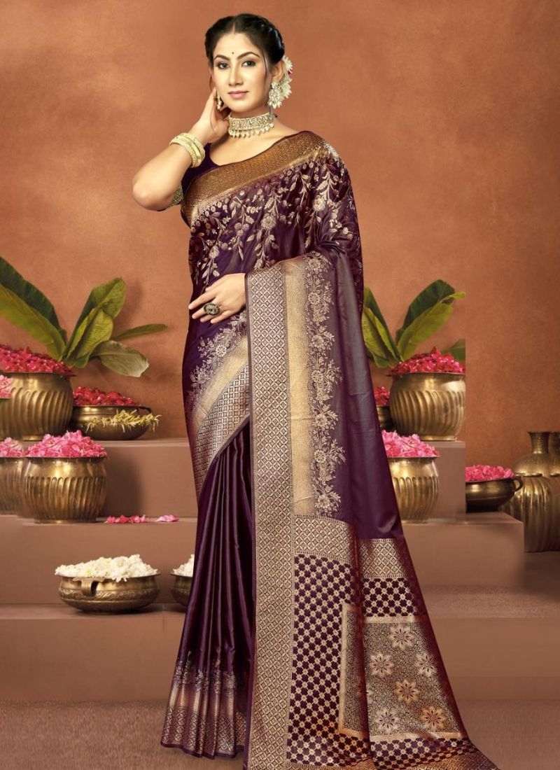 Designer zari satin silk saree in maroon