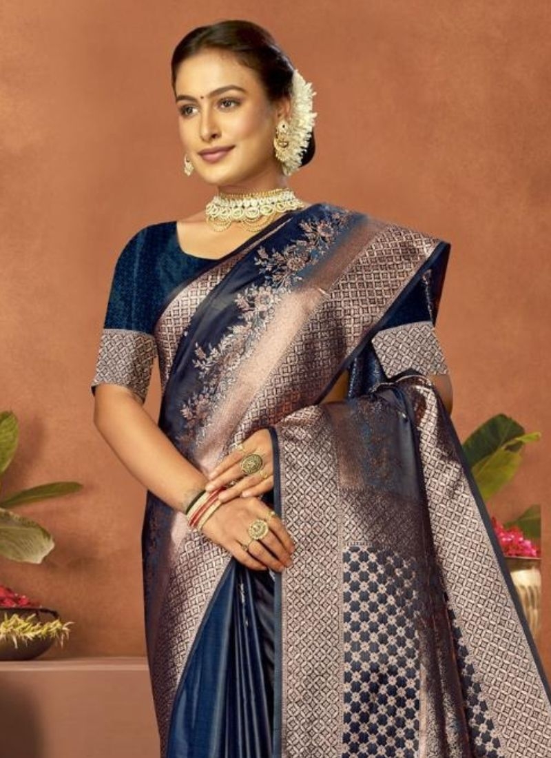 Designer zari satin silk saree in dark blue