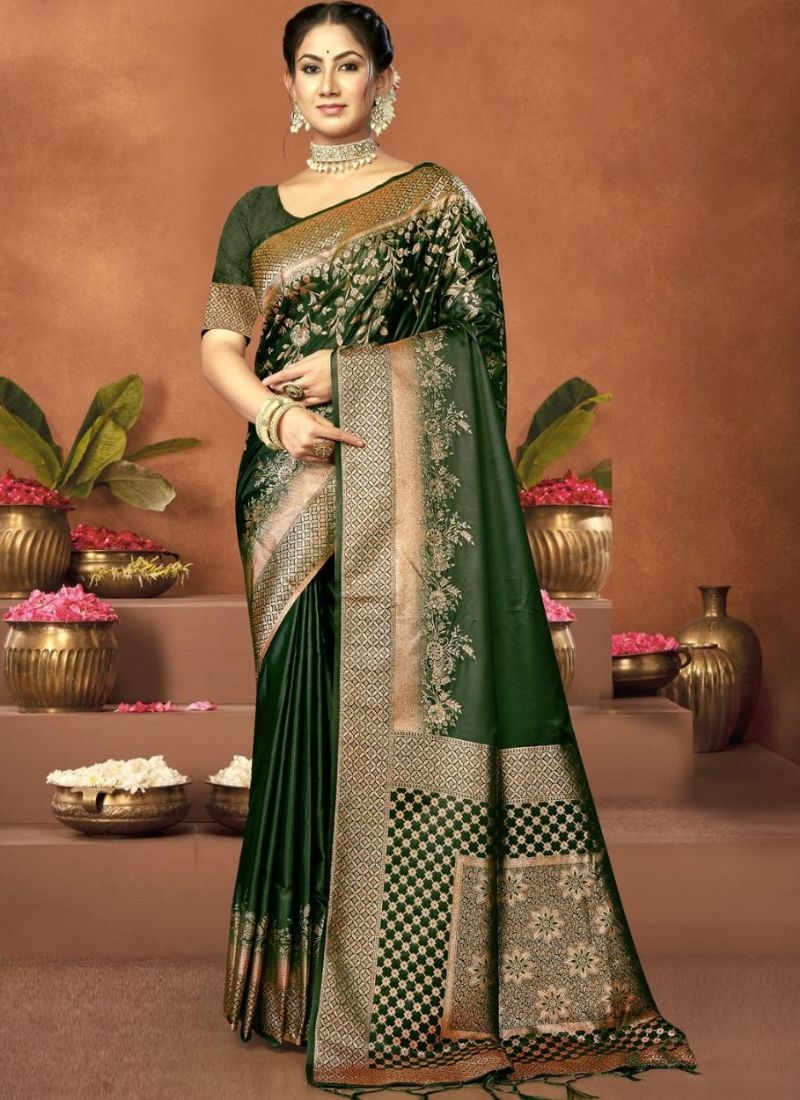 Designer zari satin silk saree in dark green