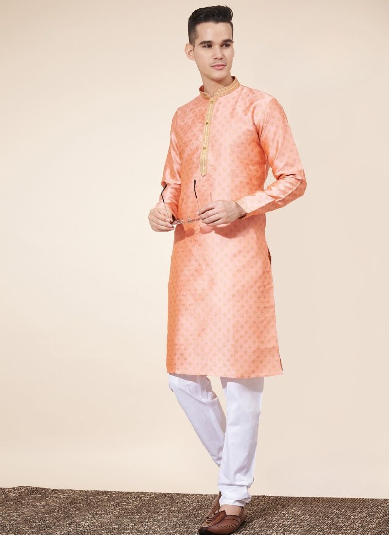 jacquard printed men's long silk kurta pajama in orange