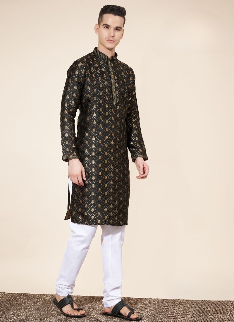 jacquard printed men's long silk kurta pajama in black