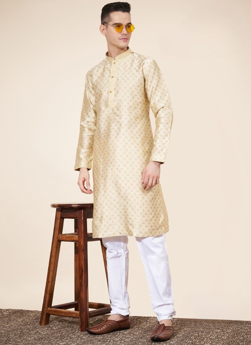 jacquard printed men's long silk kurta pajama in beige