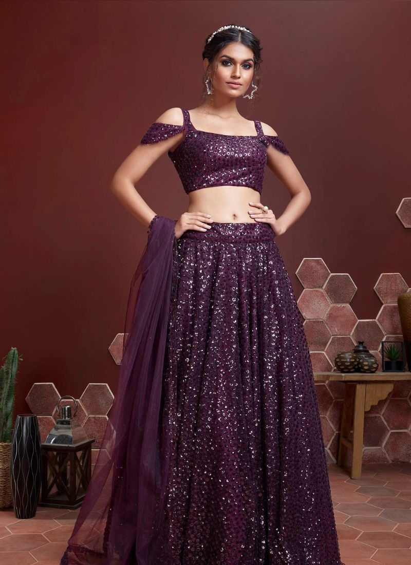 Premium designer embroidered Chinon lehenga choli in dark purple