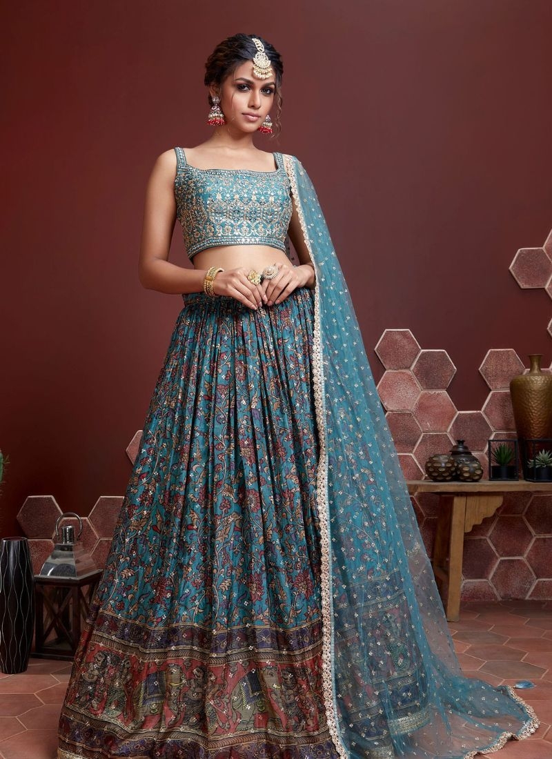 Premium designer embroidered Chinon lehenga choli in sky blue