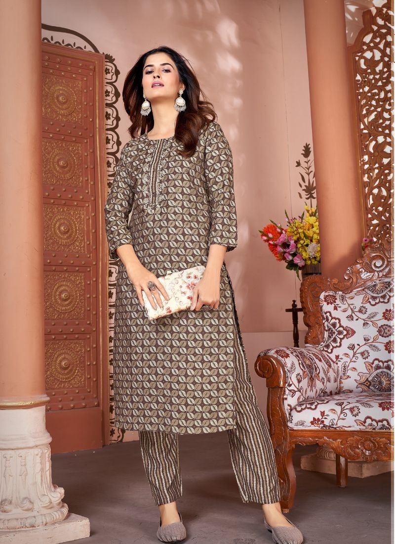 Trendy hand-embroidered silk kurta pant in light brown